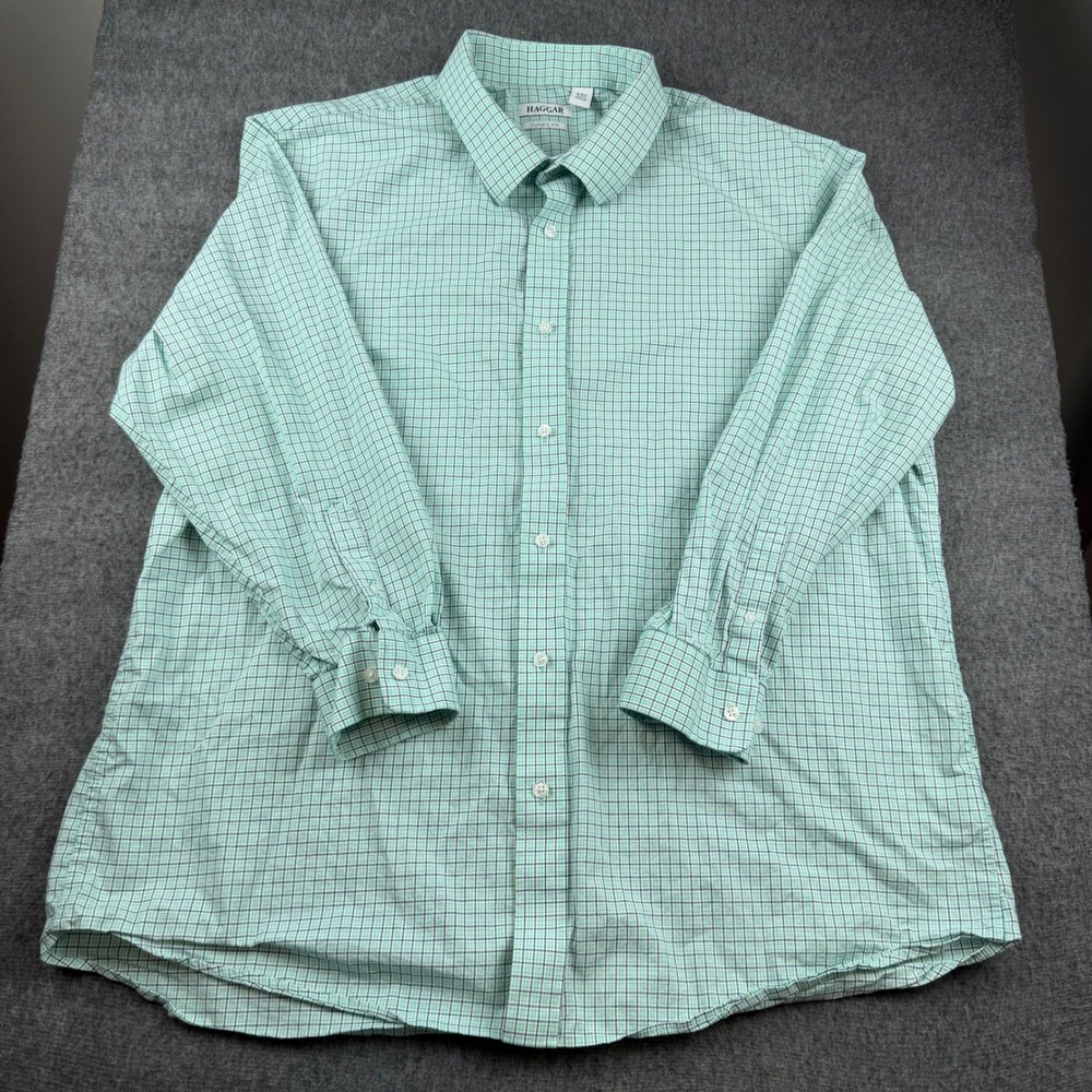 Haggar Dress Shirt Mens 18-18.5 34/35 Green Check Classic Fit Long Sleeve